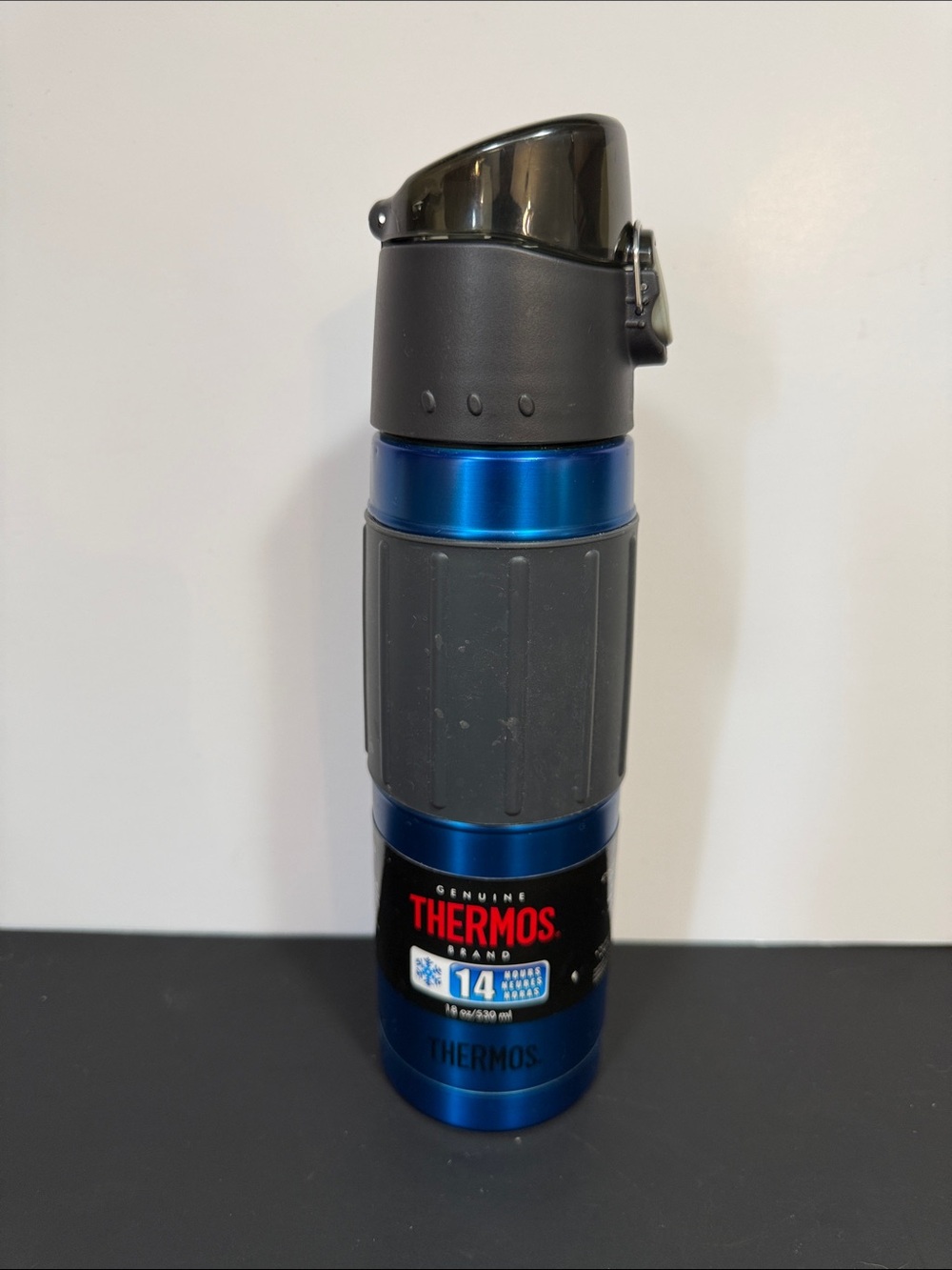Thermos Blue and Gray Stainless Steel Travel Bottle with Flip Lid
